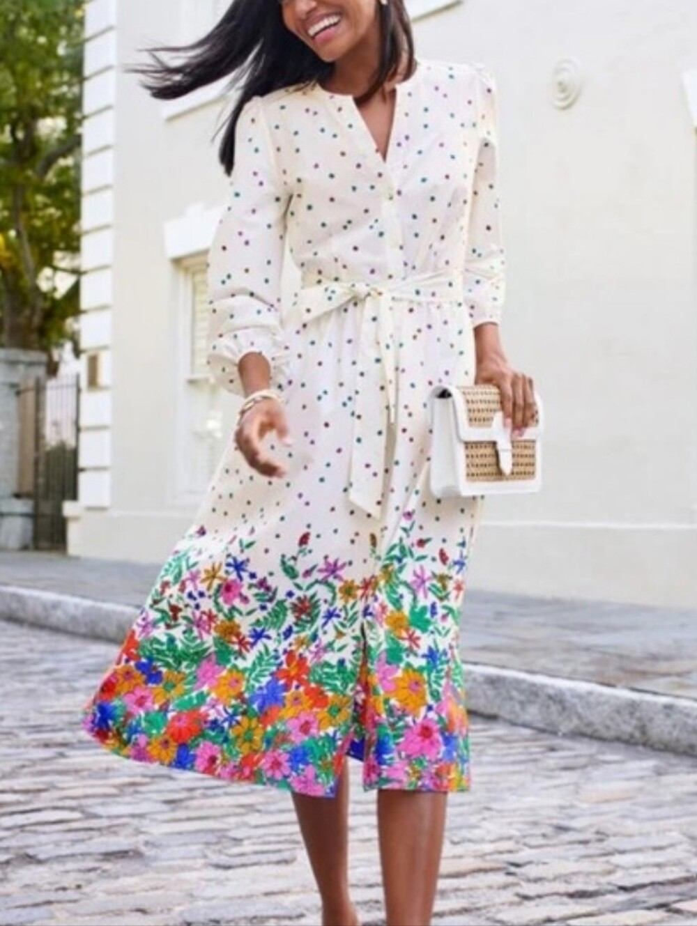 NWT Talbots White Floral Print Belted Cotton Shirt Dress
